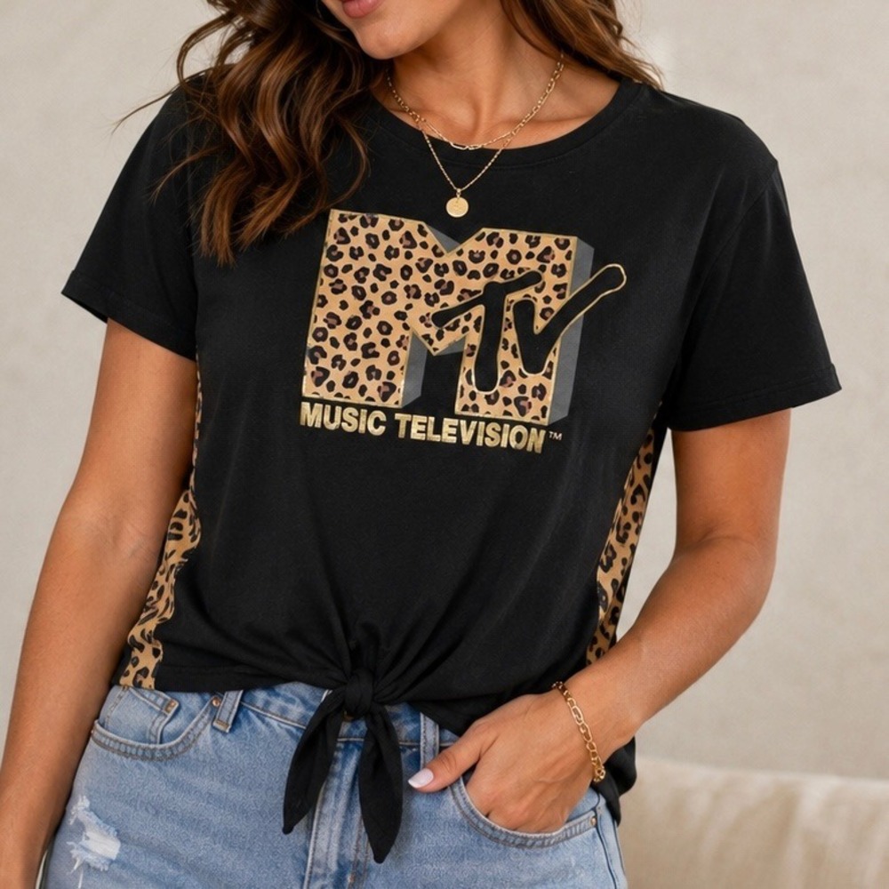 MTV Leopard Logo Tie Front Graphic Tee Black Side Panel Top 2XL Y2K‎ Style